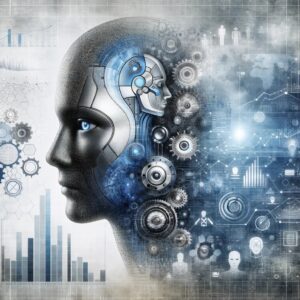 Conceptual image showing a half-human, half-robot face against a background of abstract business symbols like graphs and gears, representing the integration of human intuition and artificial intelligence in business