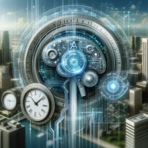 Futuristic AI brain with integrated clock, graphs, and digital data, symbolizing AI's role in business decision-making against a corporate backdrop