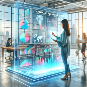 A young Asian female entrepreneur strategizes financial plans on a transparent touchscreen in a modern office, symbolizing startup financial planning.