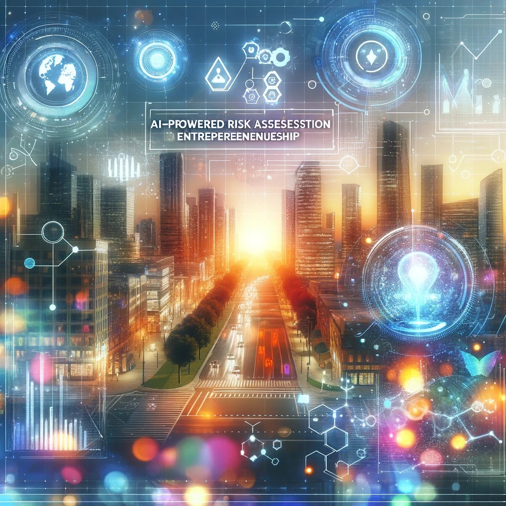 Futuristic cityscape with digital overlays representing AI-powered risk assessment in entrepreneurship.