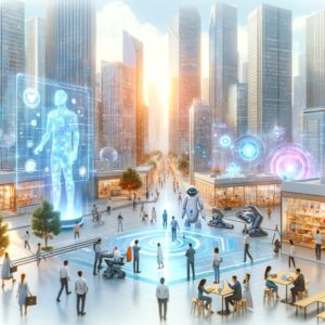 Futuristic cityscape with entrepreneurs using advanced AI technology, symbolizing the integration of AI in entrepreneurship