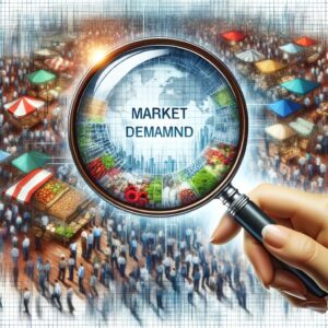 Concept art of market demand evaluation with a magnifying glass over a vibrant market scene.