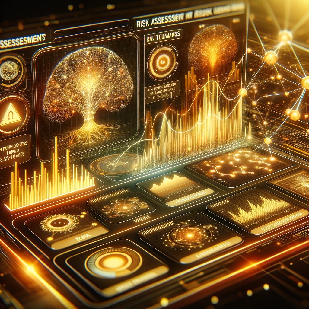 Futuristic AI dashboard showing risk assessment metrics