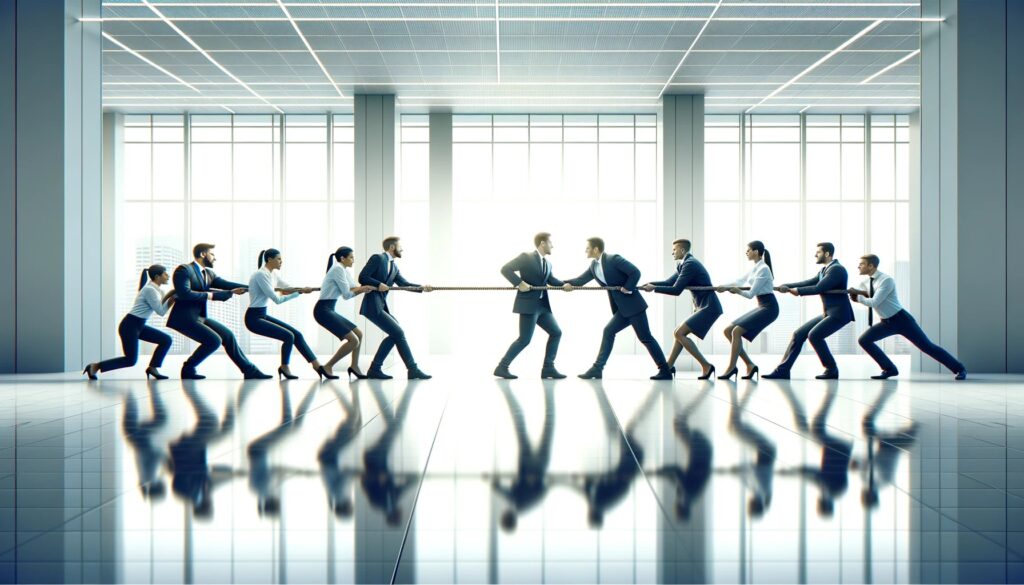 Two teams of business professionals in a tug of war in a bright, modern office space.