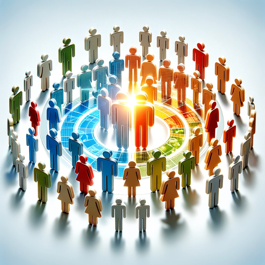 A photorealistic image depicting diverse groups of people, each representing different customer segments in the customer discovery process, set against a bright and light-colored background