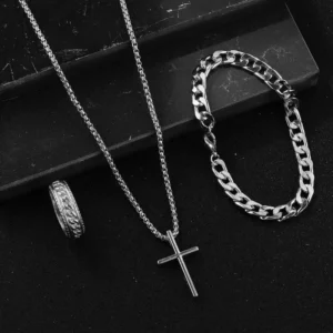 3pcs Set Men's Stainless Steel Metal Cross Pendant Chain Necklace Bracelet Ring Jewelry Set Male Hip Hop Daily Wear Accessories
