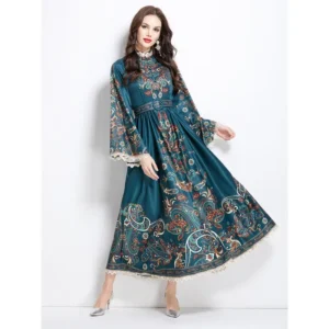 Elegant Fashionable Long Printed Ruffle Patchwork Stand Collar Summer Vacation National Style Dress Full Sleeve Empire Waist