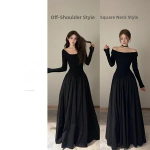 Black French Style Long Sleeve Square Collar Dress Women's High Waist Slimming Long Dress Large Size Vintage Artistic