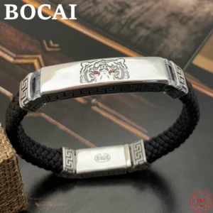 BOCAI S925 Sterling Silver Bracelets for Women Men Chinese Year of the Tiger Totem Leather-chain Bangle Jewelry Wholesale