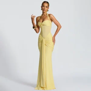 2025 Fashion New Women's Halter Neck Tie Solid Color Sheer Mesh Sexy Ribbon Long Dress 2025 Summer Dress Robe Vestido Women