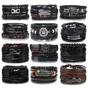 FNIO Punk Guitar Unlimited Symbol Braided Wrap Leather Bracelets for Men Vintage Charm Wood Beads Ethnic Tribal Wristbands