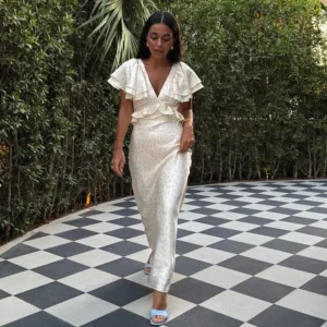 Sweet Fresh Floral Print High Waist Long Skirt Women's Dress Short Sleeve V-neck Ankle-length One-step Empire Waist Design