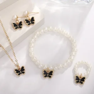 4pcs/Set Sweet Jewelry Set Butterfly Pendant Imitation Pearl Necklace for Women Pearl Earrings Girl Jewellery Women Gift Collar
