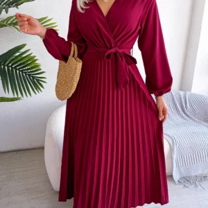 Women Elegant V Neck Long Sleeve Pleated Maxi Dress