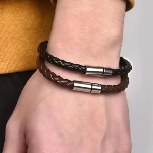 2PCS Black Plus Brown PU Leather Men's Magnetic Suction Bracelet Business The Mature and Elegant Gift for Men