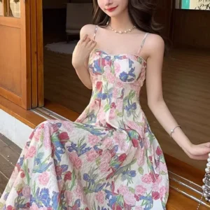 French Gentle Floral Print Strapless Dress Women's Summer New Style Elegant High-End Feeling Long Skirt Tea Break Gown