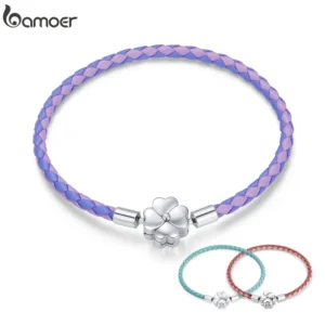 BAMOER 925 Sterling Silver Four Leaf Clover Lucky Bracelet Three Color Real Leather Bracelet Women DIY Fine Jewelry