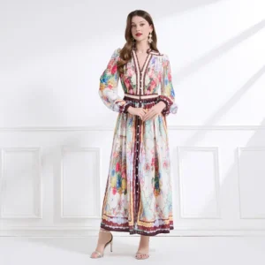 Vintage V-neck Long Sleeve Print Dress Waist-cinching Maxi Skirt Single Button Closure High-end Feeling Women's Fashion Dress
