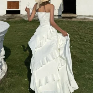 Nibber Backless Maxi Dress WomenTierred Irregular Hem Wrap Ruffles Slim Sleeveless Elegant Temperament Party Vacation Vestidos