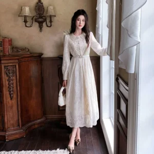French Elegant Long Sleeve Doll Collar Dress Slimming Waist Heavy Embroidery Full Skirt Ankle Length Regular Waistline