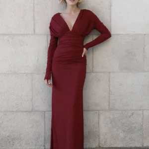 Weird Puss Classic Ruched Dress Women Fall Trend Long Sleeve V-Neck Solid Sexy Elegant Evening Party Skinny Stretch Maxi Bodycon