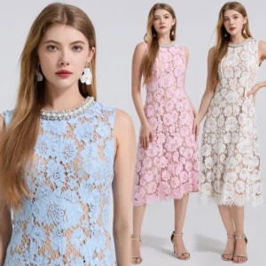 Heavy Embellished round Neck Sleeveless Lace Dress Elegant Ladylike Long Skirt Cross-Border Women's Fashion Diamond Beaded Dress