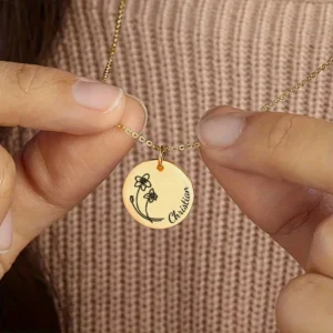 Customized Stainless Steel Round Pendant Necklace With Engraved Birth FlowersName, Gift for Girls on BirthdaysValentine's Day
