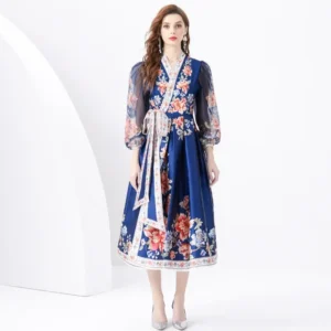 Elegant Long Printed Dress with Belt V-Neck Lantern Sleeve Cross-Border Holiday Style Empire Waist Knee-Length Chinese Fashion