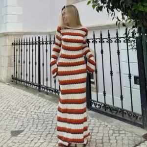 Long Knitted Hollow out Dress Color Block Stripe Sexy Beach Vacation Summer Women's Full Sleeve Ankle Length Coat Style Dress