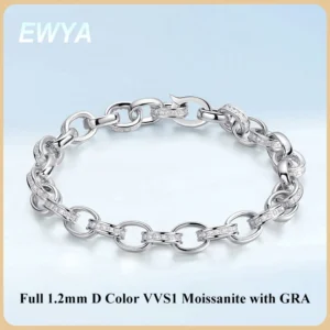 EWYA Full Moissanite Diamond Hook Link Chain Bracelet 1.2mm D Color For Woman Man S925 GRA Certified Couple Bracelets Bangle