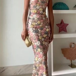 Women Fashion Flowers Sequin Patchwork Slim Party Long Dress Strapless Maxi Dress Ladies Sexy Sleeveless Ladies Party Dress