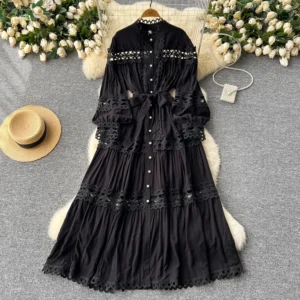 French Vintage Court Style Dress Heavy Embroidery Lace Splicing Waist Inward Large Swing Long Skirt Comfortable Casual Leisure