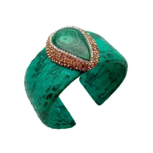 Y.YING Natural Teardrop Shape Malachite Green Leather Bangle Bracelet