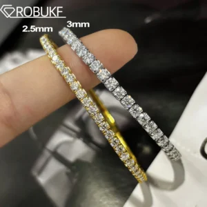 2.5/3mm Full Moissanite Tennis Bracelets for Women Men 925 Sterling Silver 18K Gold Plated Minimalist Elastic Bangle with GRA