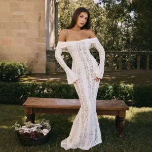 White Long Sleeve Lace Insert Waist Cinching Fish Tail Dress Women's Fashion Autumn Dress Empire Waist One Shoulder Dress