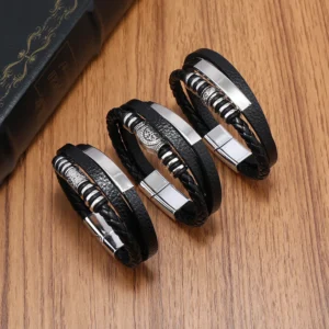 Trendy Leather Bracelets For Men Stainless Steel Bracelet 21CM Multilayer Braided Rope Bracelets for Male Jewelry Gifts