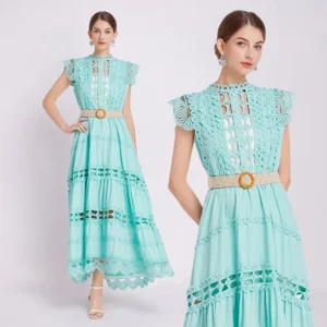 In-Stock 5085 Heavy Duty Design Solid Color Long Dress Fashionable Stand Collar Sleeveless Hollow Dress Not With Pockets