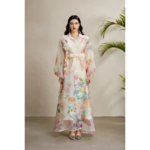 Autumn Floral Print Long Lantern Sleeve Empire Waist Dress Vacation Collar 3D Floral Pattern Women's Cross-Border Clothing