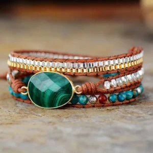 AliExpress Hot-selling Natural Malachite 3-circle Winding Leather Chain Bracelet European And American Fashion Jewelry