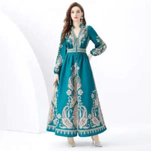 Elegant Vacation Long V-neck Lantern Sleeve Wave Edge Printed Dress Cross-border Court Style Empire Waist Chiffon Gown