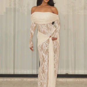 Dulzura Off Shoulder Long Sleeve Backless Lace Up Ruched Lace See Through Bodycon Long Dress Women'S Fashion Sexy Elegant Outfit