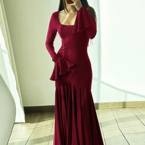 Nibber Hipster Ruched Elegant Long Dresses Woman Square Collar Flared Sleeve Gown Robe Midnight Prom Party Autumn Trend Vestidos