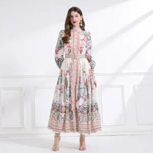 Original Design Long Lantern Sleeve Empire Waist Dress High Collar Floral Print Maxi Dress Cross-Border Court Style Dress