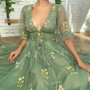 Long Puff Sleeve Embroidery Tulle Women Maxi Dress Fairy V Neck/Square Neck Green Evening Prom Dresses for Girl Party Vestidos