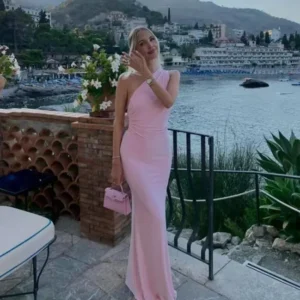 New Cross-Border Sexy Pink Off-Shoulder Backless Strap French Gown Long Dress Slims You Smooth Your Silhouette Tail Wiggy Dress