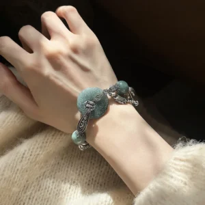 Langyan Women's Emerald Peace Knot Bracelet Handmade 925 Sterling Silver Jade Beaded Jewelry Good Luck Chinese Style SL153