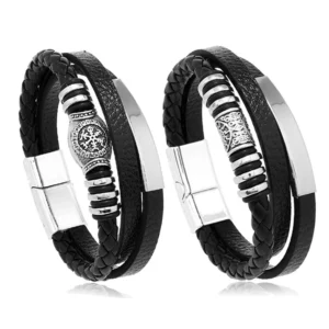 2pcs Trendy Leather Bracelets For Men Stainless Steel Bracelet 21CM Multilayer Braided Rope Bracelets for Male Jewelry Gifts