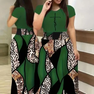 Long Straight Gon Print Casual Mid Sleeve Dress Women's Cross-Border Fashion round Neck Dress 200g AE Stock None Brand