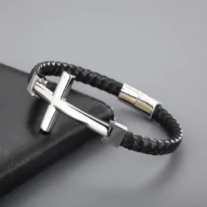 Fashion Genuine Leather Bracelet For Men Gold Silver Color Stainless Steel Cross Charm Bracelets Punk Jewelry Gift