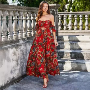Summer New Cross-border European American Women's Dress Printed Hollow Sash Backless Sexy Elegant Long Dress